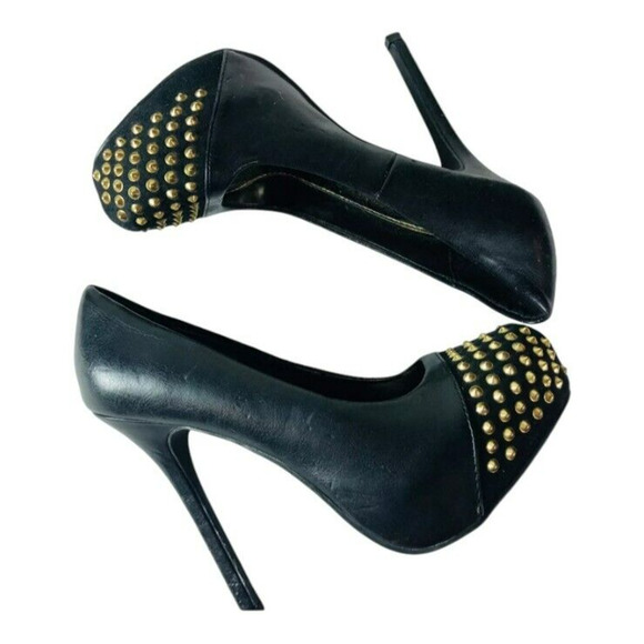 Brash Womens Stiletto Pumps Gold Studs Heels Black Faux Leather Shoes Size 8 - Picture 2 of 9